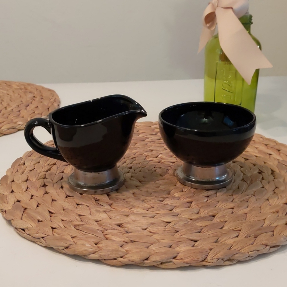 Art Deco, Black Glass, Creamer and Sugar